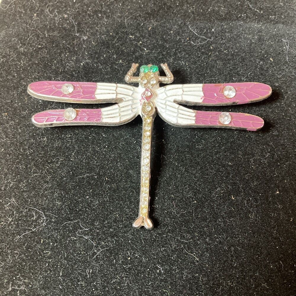 VTG Dragonfly Brooch Pin Silver Tone Clear Rhinestones Purple White Enamel Bug